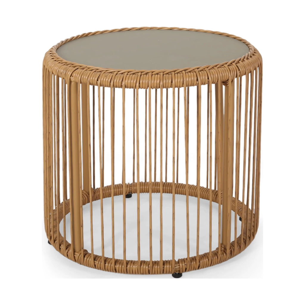 Light Brown Wicker Side Table with Tempered Glass Top W29349