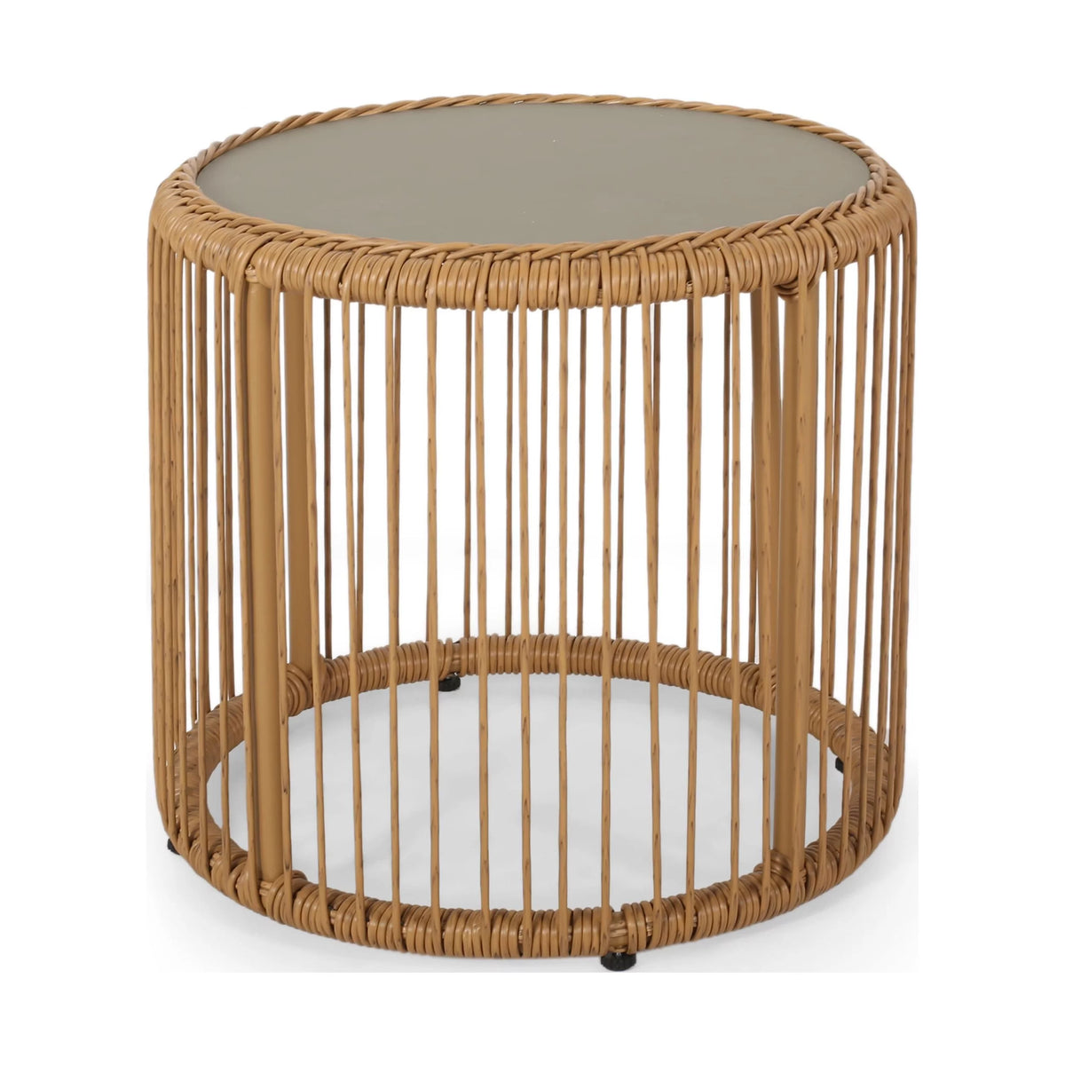 Light Brown Wicker Side Table with Tempered Glass Top W29349
