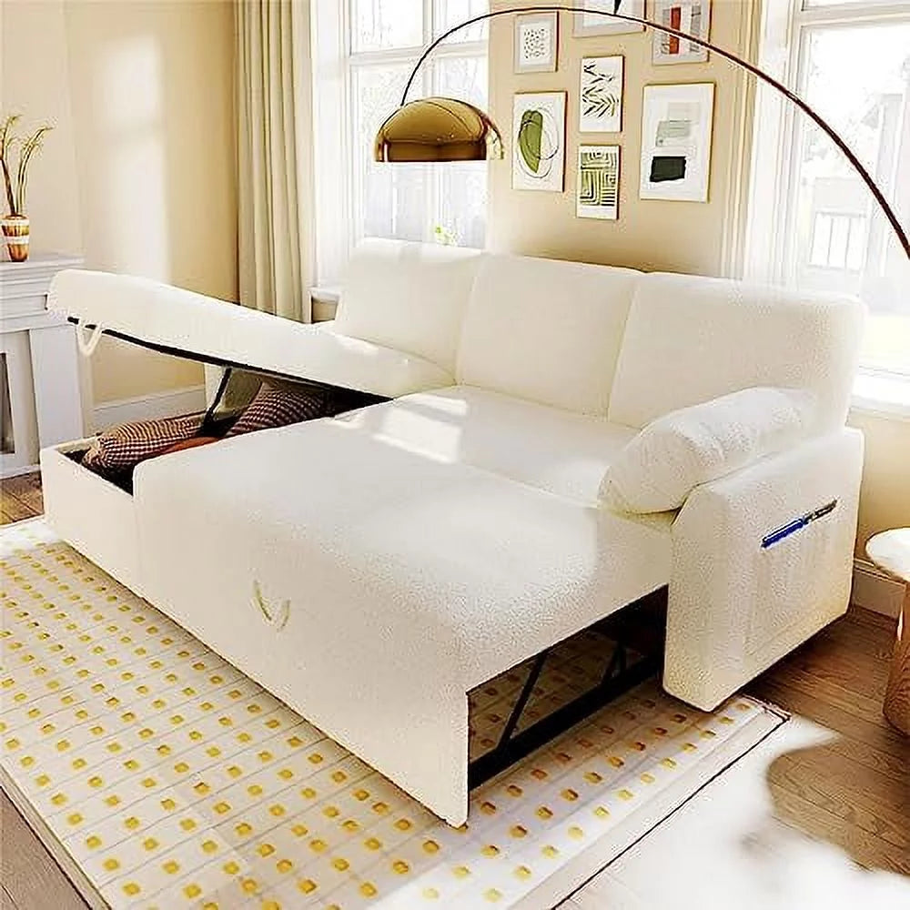White Sherpa Sleeper Sofa with Storage Chaise J767