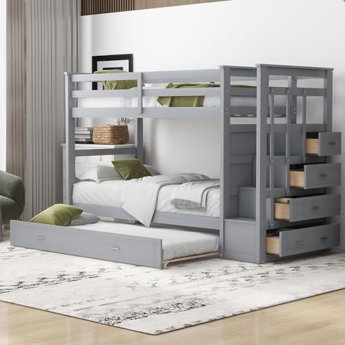 Full Over Full Wooden Bunk Bed with Trundle and Staircase Y192