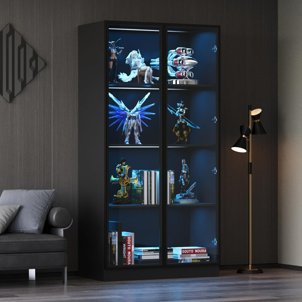 Black 4-Tier Display Cabinet with Glass Doors and Lights F679