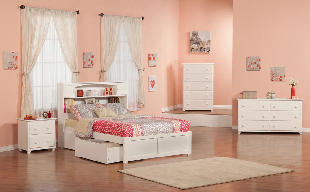 White Solid Wood Platform Bed with Footboard & 2 Storage Drawers G3696