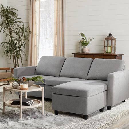 Grey Linen L-Shaped Sectional Sofa with Stool T27140