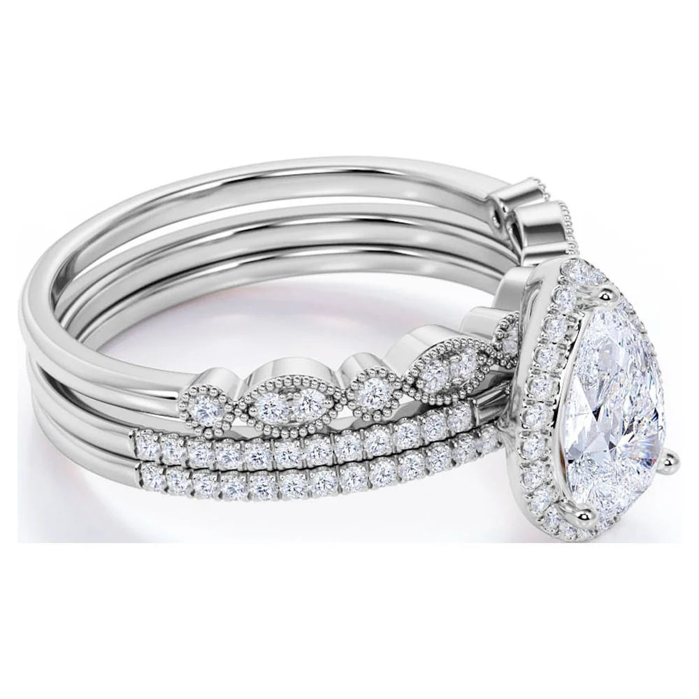 1.5 Carat Moissanite Wedding Trio Ring Set with Engagement Ring and 2 Wedding Bands in 18k Gold Over Silver V412