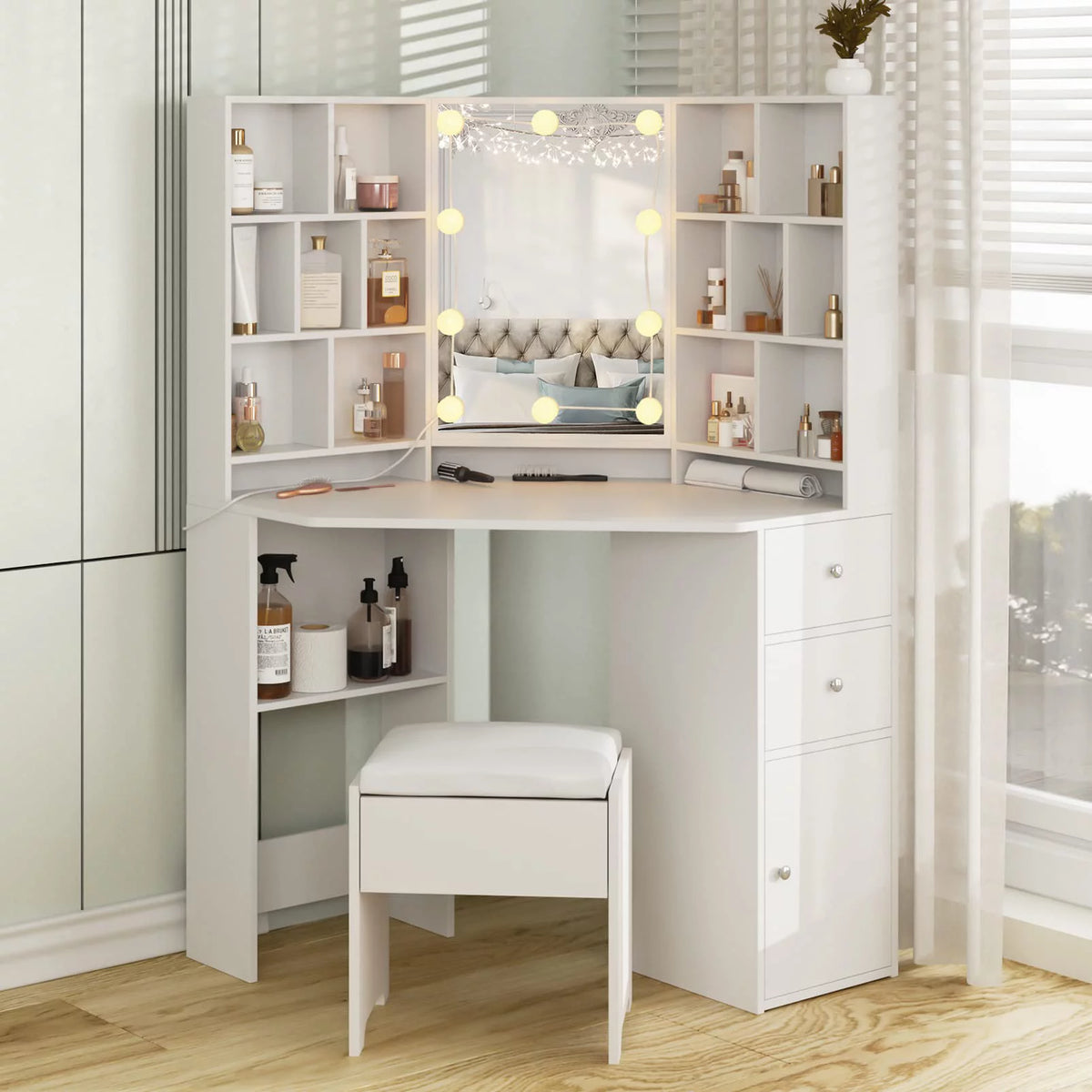 Corner Vanity Table Set with Lighted Mirror, Cushioned Stool, White T307