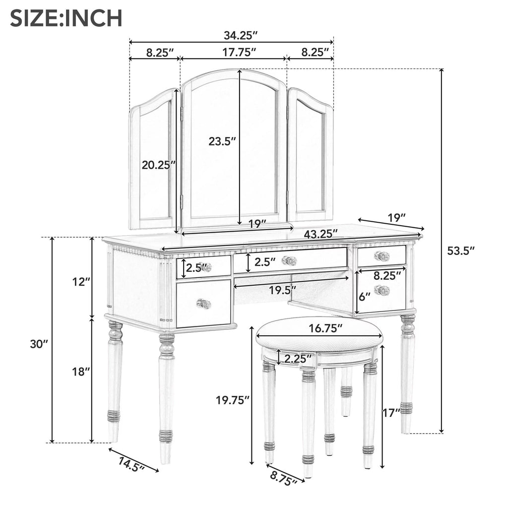 Pink Vanity Set with Tri-Fold Mirror and Stool S691912