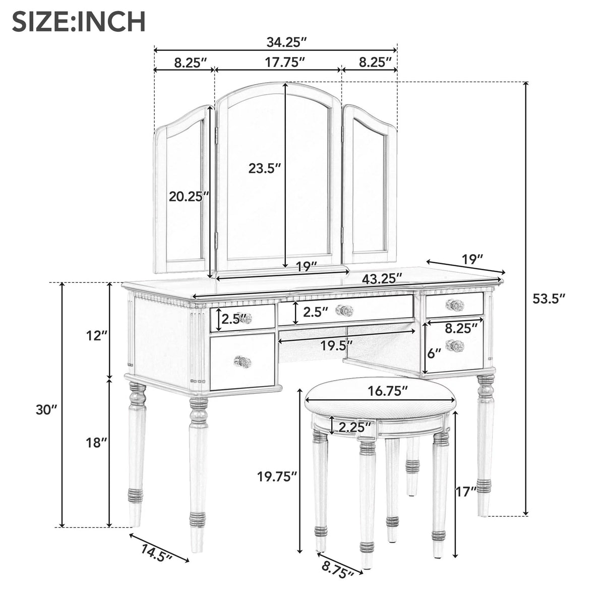 Pink Vanity Set with Tri-Fold Mirror and Stool S691912