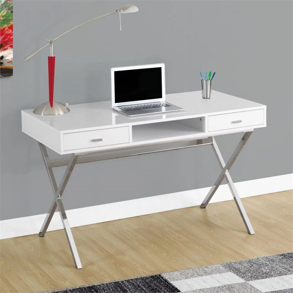 48" Modern Writing Desk in Glossy White and Silver I7540