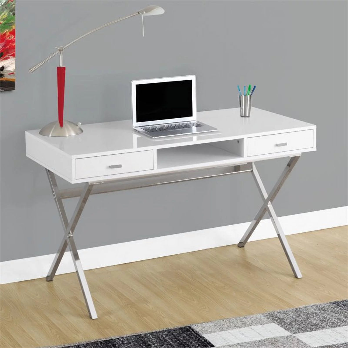 48" Modern Writing Desk in Glossy White and Silver I7540