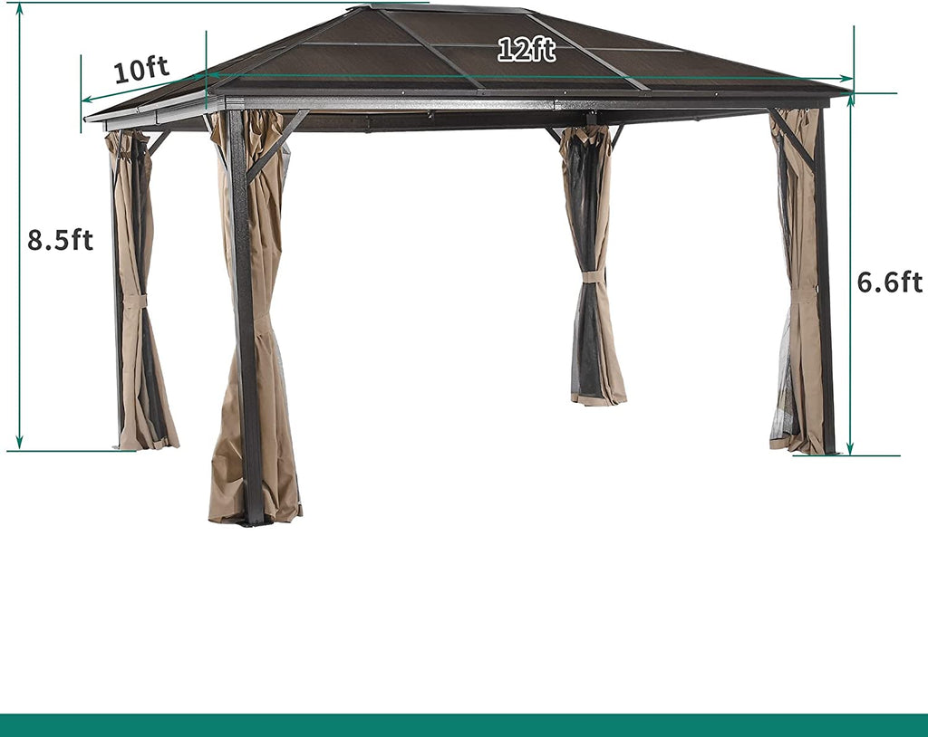 10x12 ft Gazebo Hardtop Outdoor Canopy with Netting and Shaded Curtains, Aluminum Frame Polycarbonate Hardtop F176