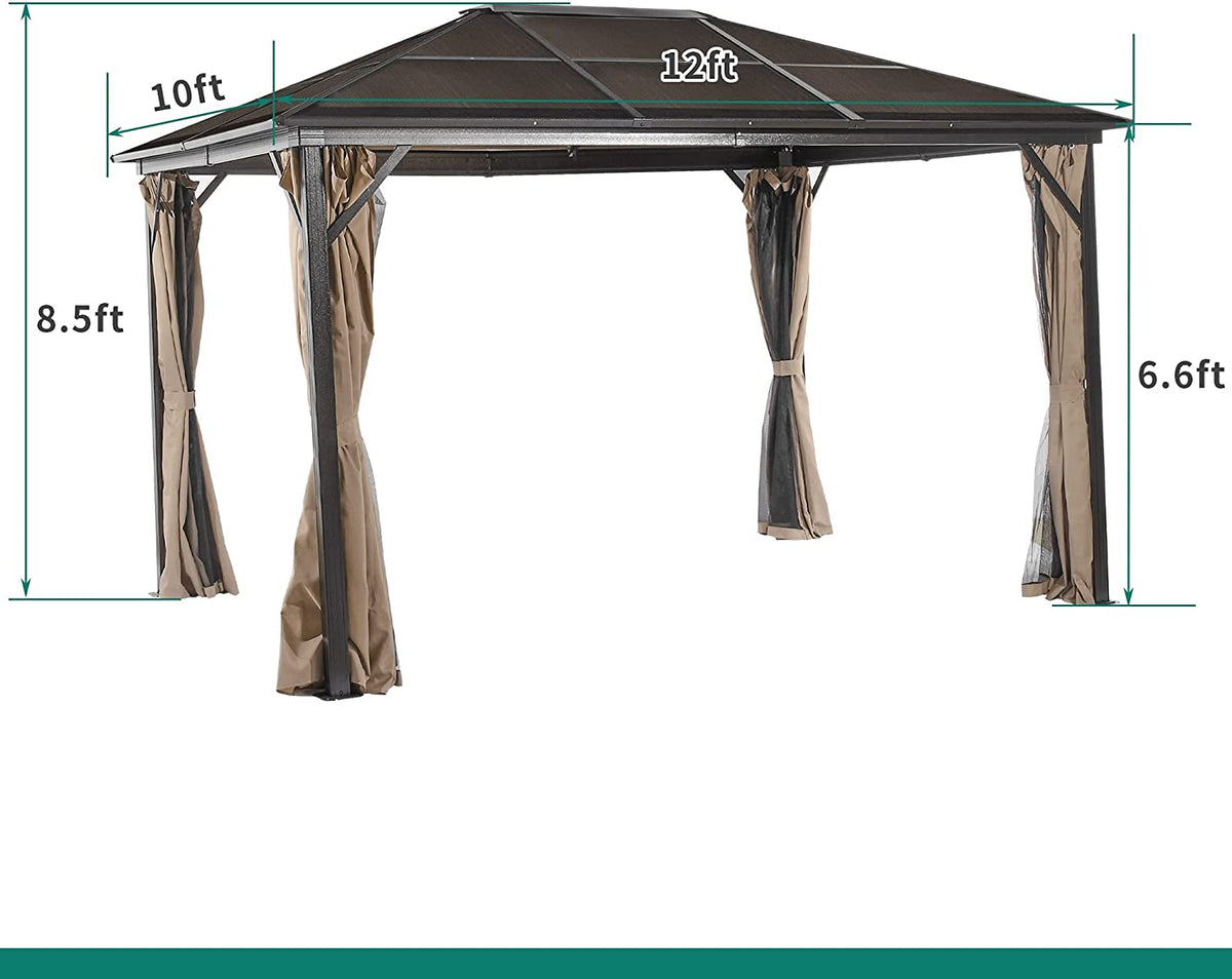10x12 ft Gazebo Hardtop Outdoor Canopy with Netting and Shaded Curtains, Aluminum Frame Polycarbonate Hardtop F176