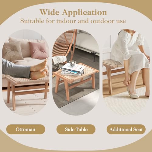 Natural Teak Wood Ottoman Footstool with Braided Rope, 14" H Y1770