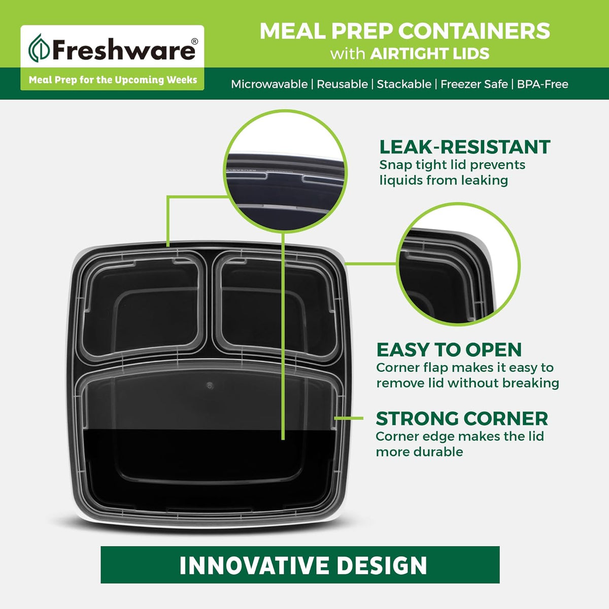 20 Count 3 Compartment BPA Free Food Containers with Lids V616