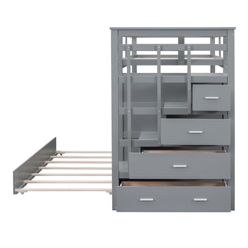 Full Over Full Wooden Bunk Bed with Trundle and Staircase Y192