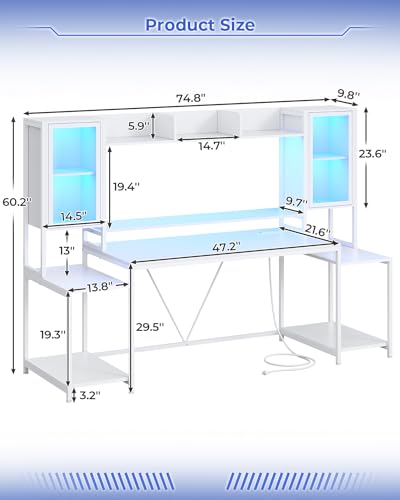 White 74.8'' Gaming Desk with LED Lights, Hutch and Storage Shelves K1985