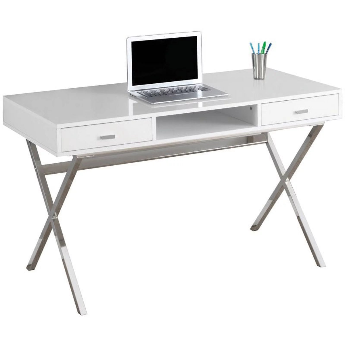 48" Modern Writing Desk in Glossy White and Silver I7540