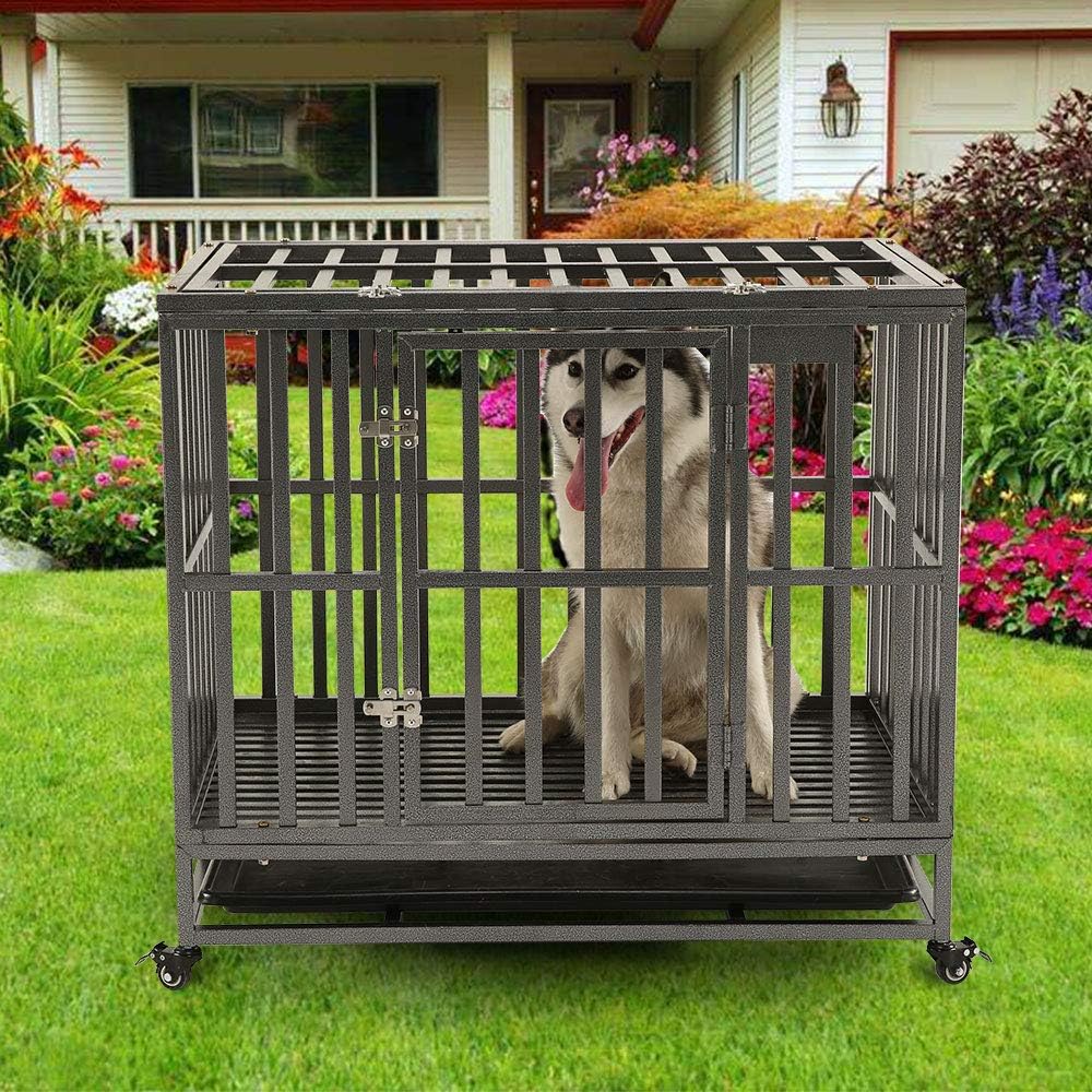 38 Heavy Duty Metal Dog Crate with Double Doors and Wheels, Black P54548