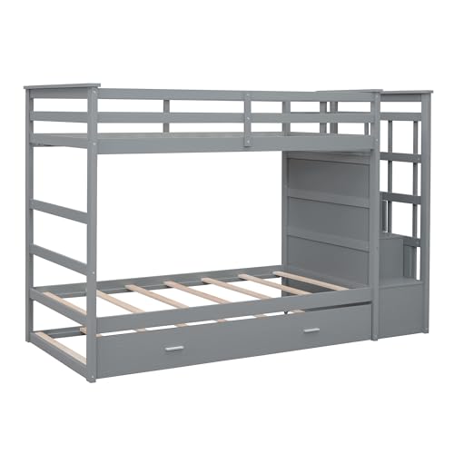 Full Over Full Wooden Bunk Bed with Trundle and Staircase Y192