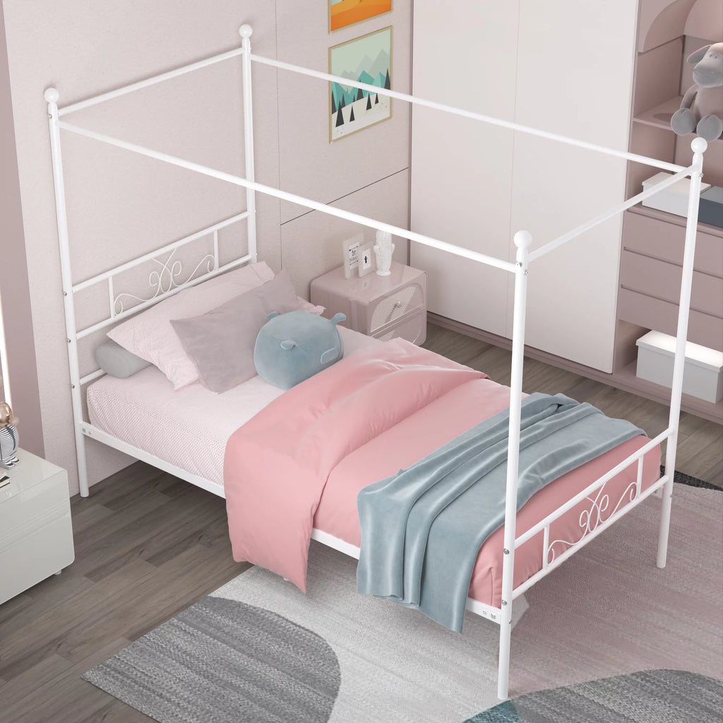 Twin Size 4-Post Canopy Bed Frame Metal Platform with Headboard Footboard Black P960560