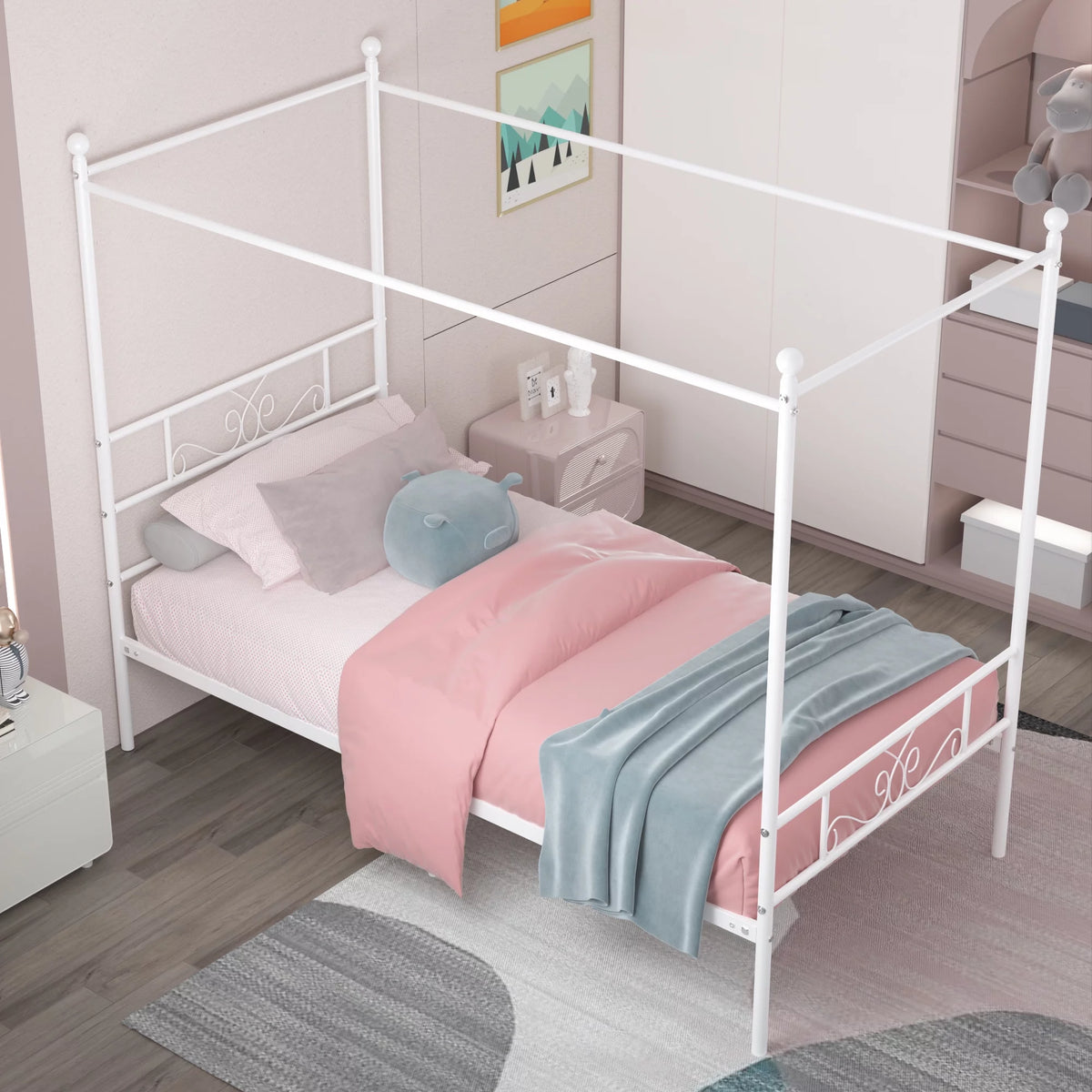 Twin Size 4-Post Canopy Bed Frame Metal Platform with Headboard Footboard Black P960560