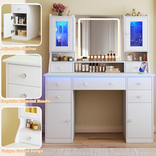 White Vanity Desk with Mirror and Lights F434
