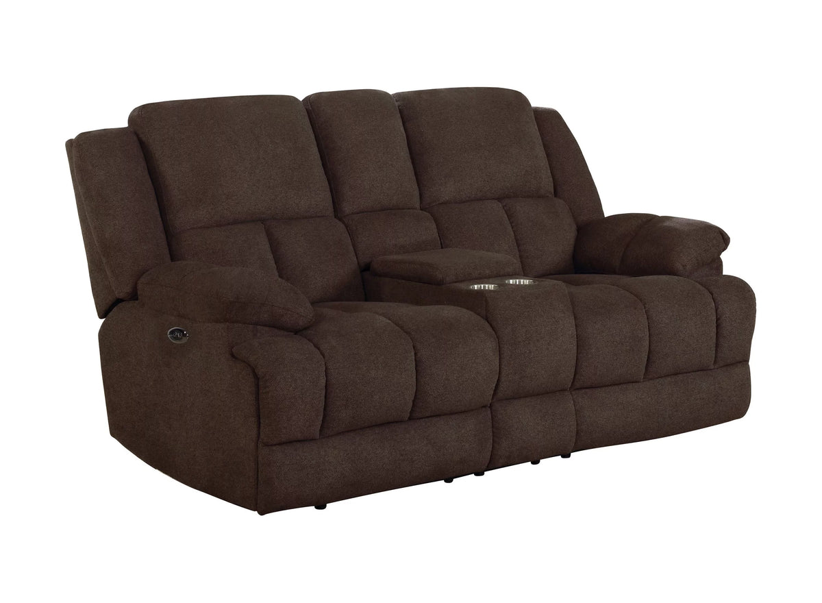 Brown Upholstered Power Loveseat with Console A211