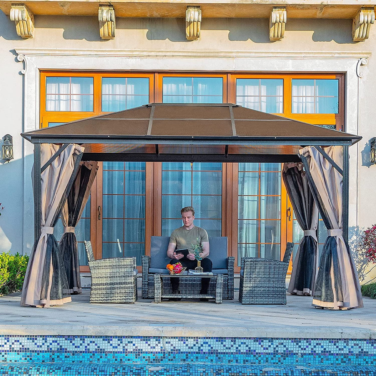 10x12 ft Gazebo Hardtop Outdoor Canopy with Netting and Shaded Curtains, Aluminum Frame Polycarbonate Hardtop F176