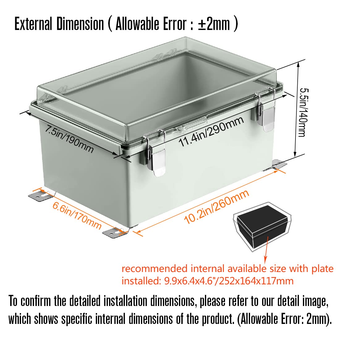 ABS IP67 Waterproof Junction Box with Mounting Plate 11.4x7.5x5.5 inch Pack of 2 L81127