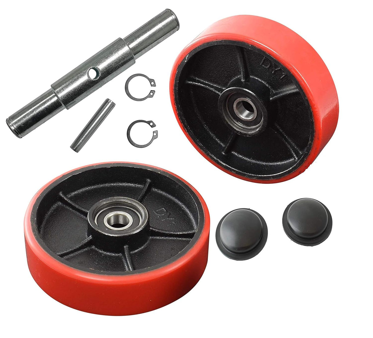 Red Poly Tread Steering Wheels Set with Axle, Fasteners and Protective Caps (4 pcs) 7 x 2 with Bearings ID 20mm G821024