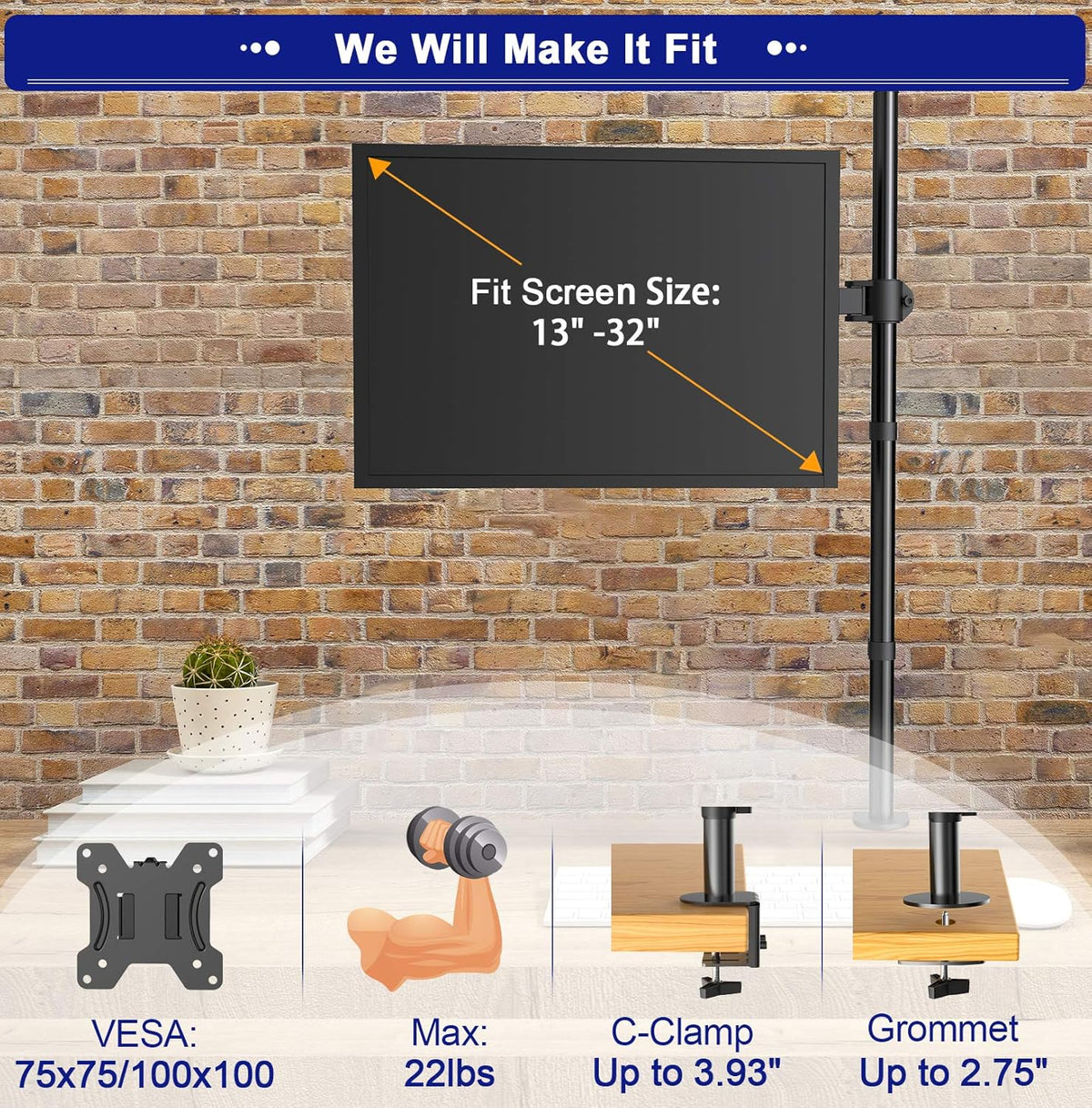 Single Monitor Mount 13-35 Inch, 39 Inch Tall, Fully Adjustable Arm, Pack of 2 J711