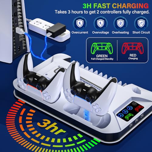 PS5 Cooling Station with Controller Charging Station for Sony Playstation 5 Console, PS5 Pro Stand Cooler Accessories Incl Cooling Fan T890