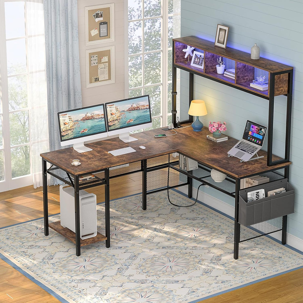 55 Inch L Shaped Gaming Desk with LED Lights & Power Outlets, Rustic Brown H695079