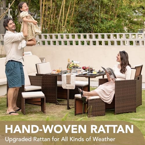 9 Pieces Patio Dining Set Rattan Chairs Glass Table Cushioned Seating Q124