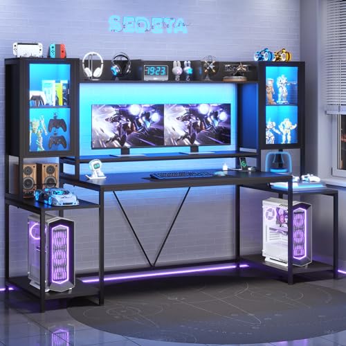 White 74.8'' Gaming Desk with LED Lights, Hutch and Storage Shelves K1985