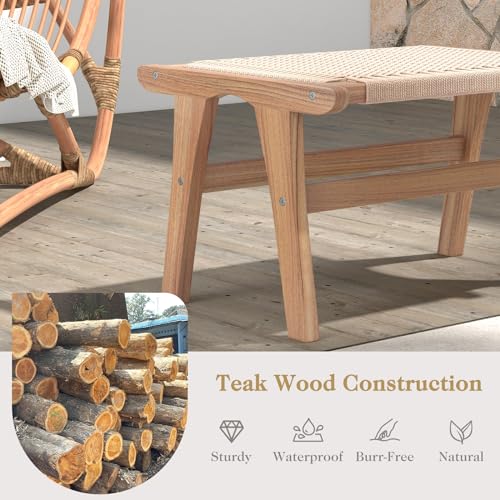 Natural Teak Wood Ottoman Footstool with Braided Rope, 14" H Y1770