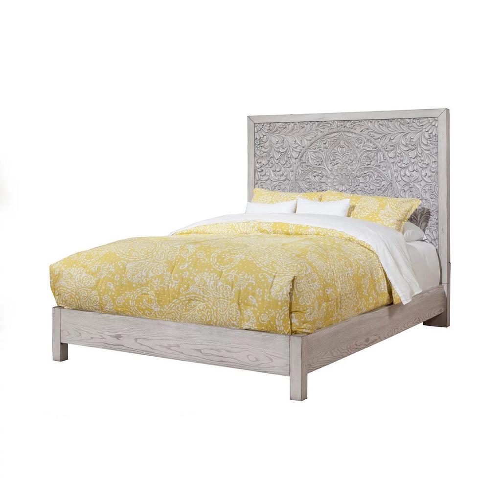 California King Panel Bed with Floral Carved Headboard Light Gray I1777