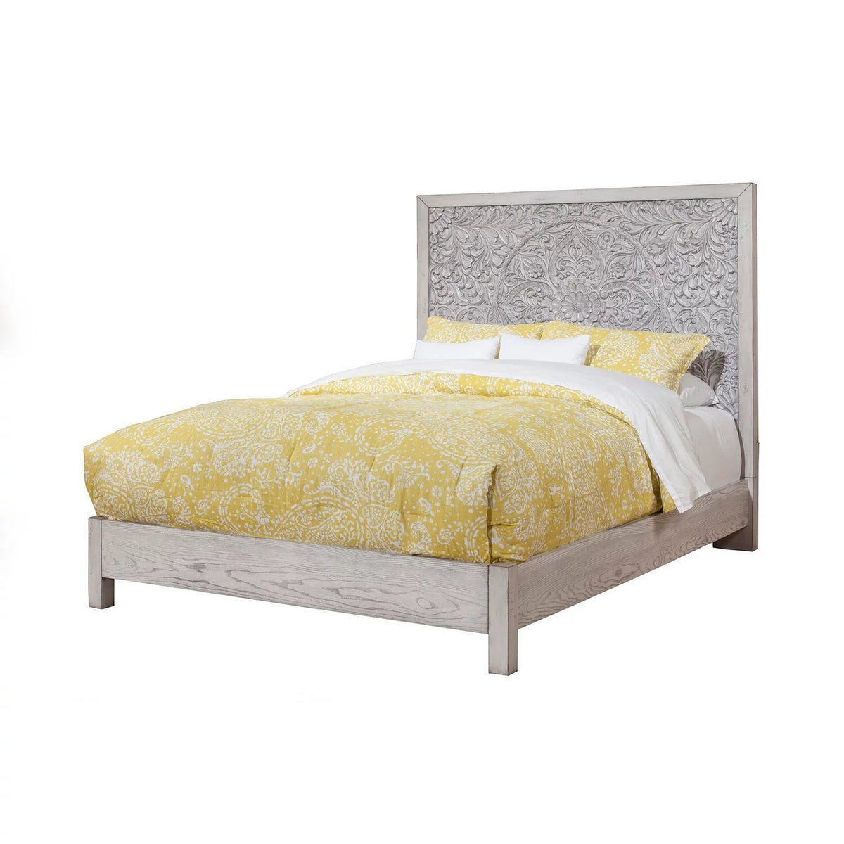 California King Panel Bed with Floral Carved Headboard Light Gray I1777