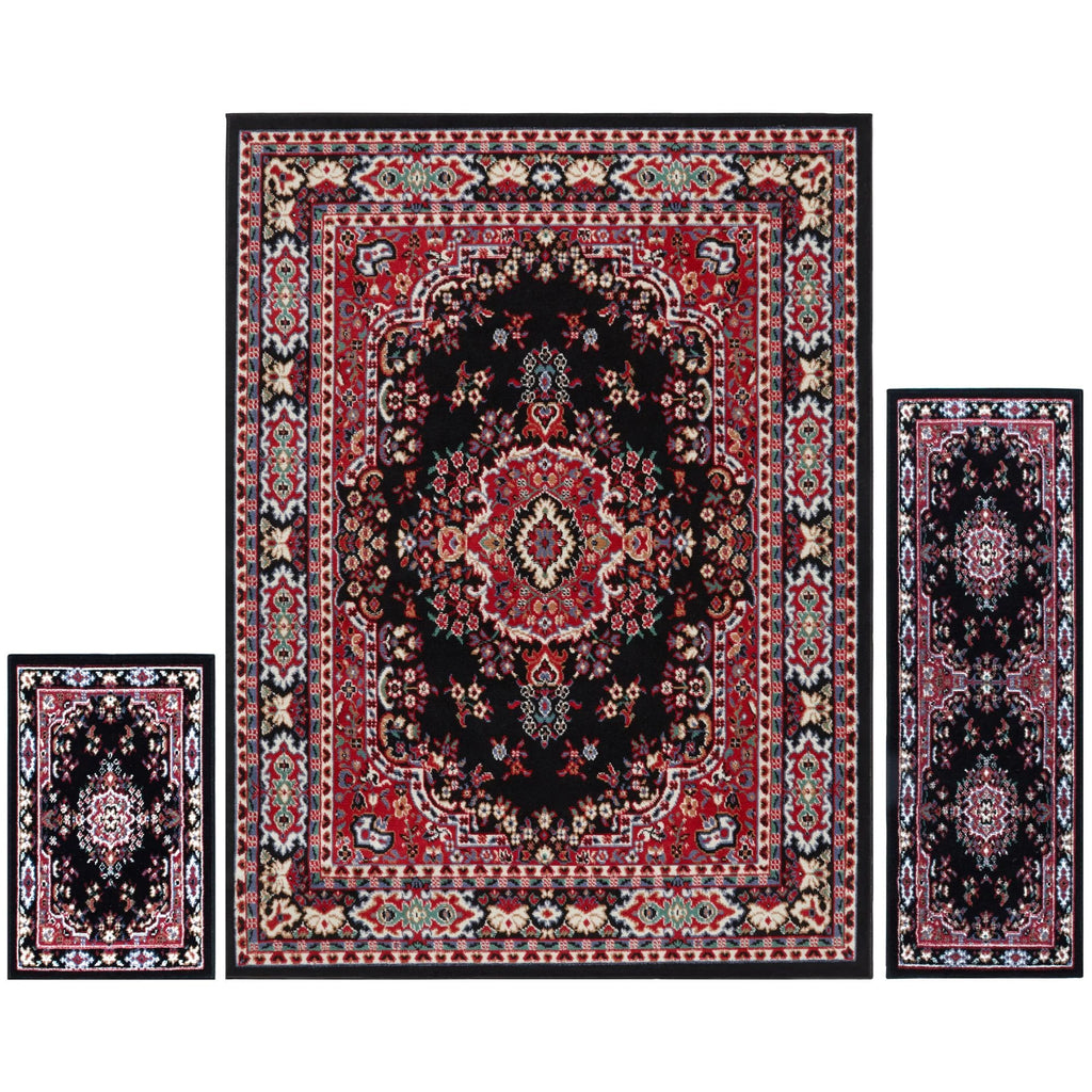 Black/Red Medallion Border Area Rug 3-Piece Set K609