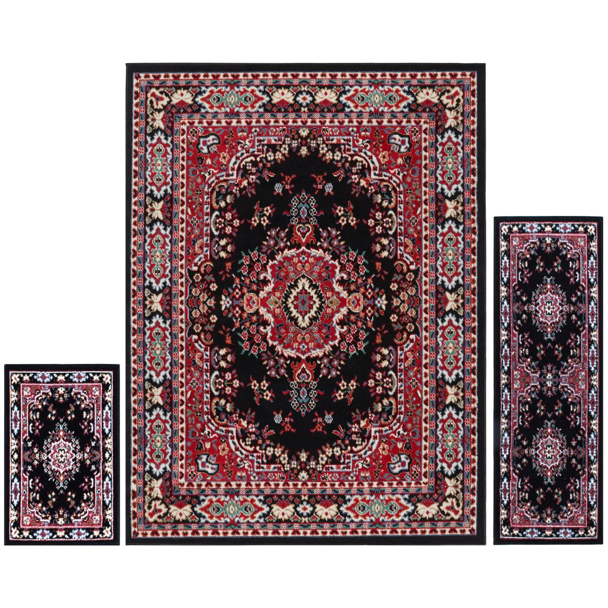 Black/Red Medallion Border Area Rug 3-Piece Set K609