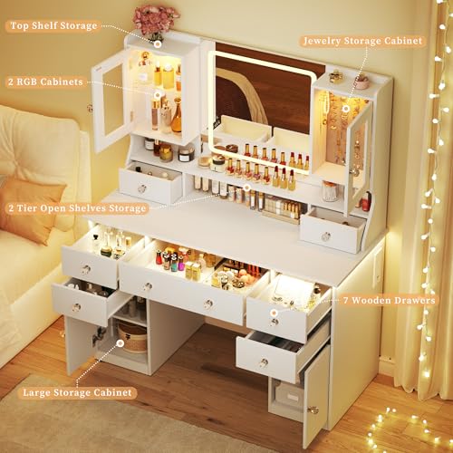 White Vanity Desk with Mirror and Lights F434