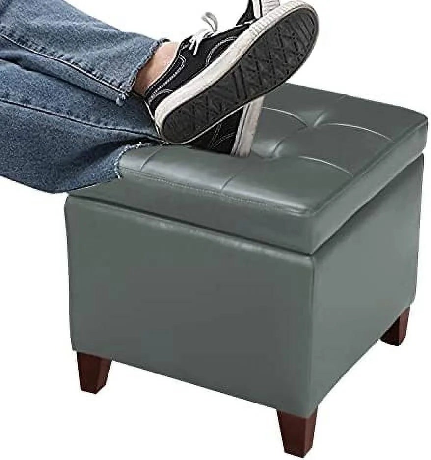 PU Bonded Leather Tufted Cube Ottoman with Hinged Lid U809364
