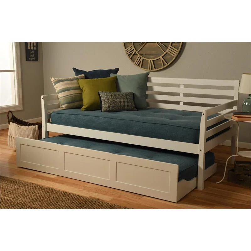 White Daybed and Trundle with Linen Aqua Mattresses J313529