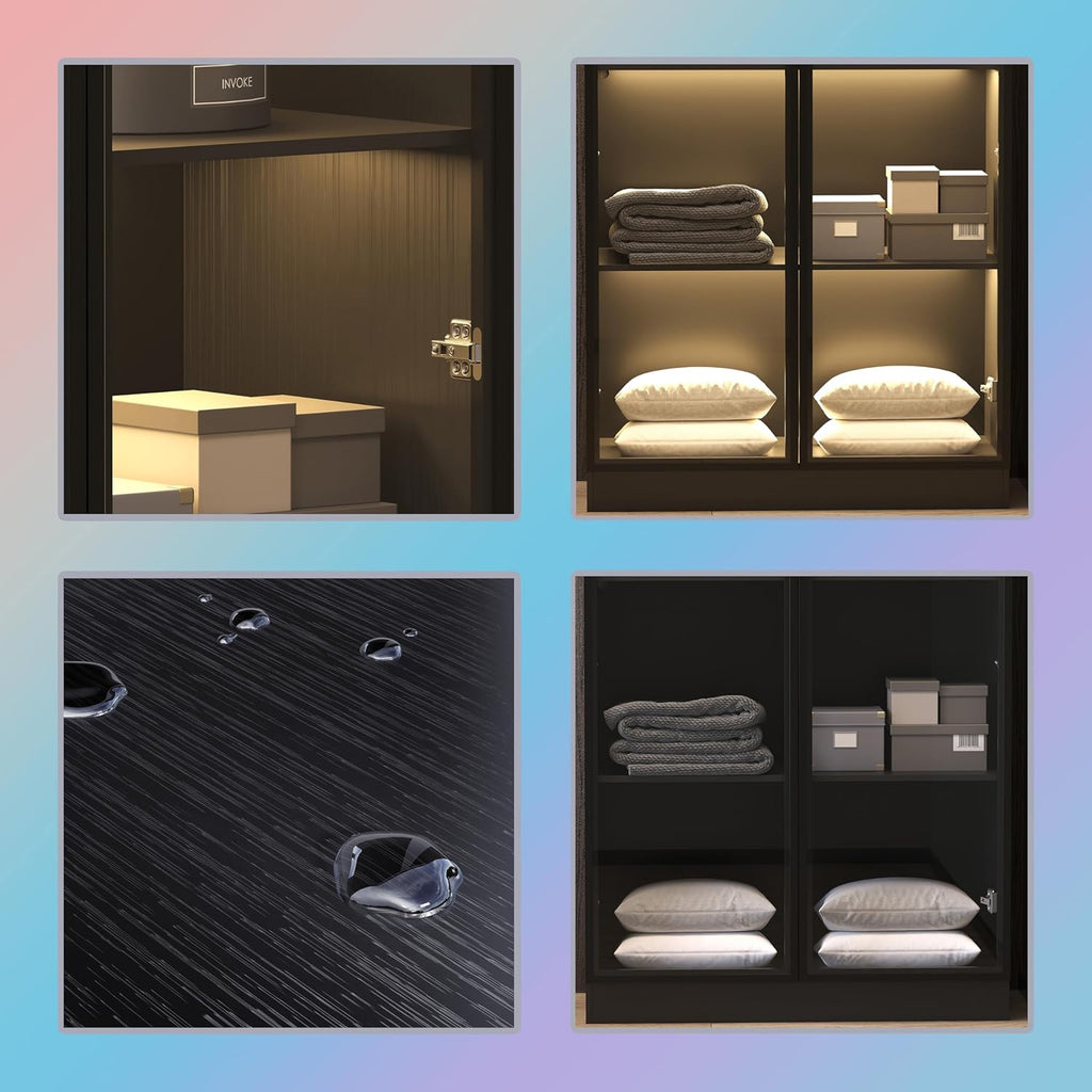Black 4-Tier Display Cabinet with Glass Doors and Lights F679