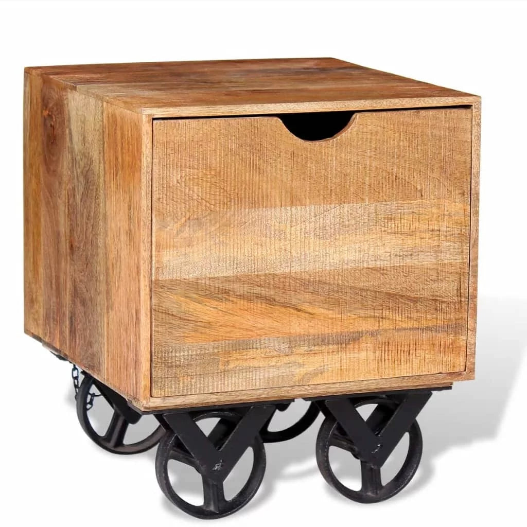 Solid Mango Wood Side Table with Drawer Wheels W549