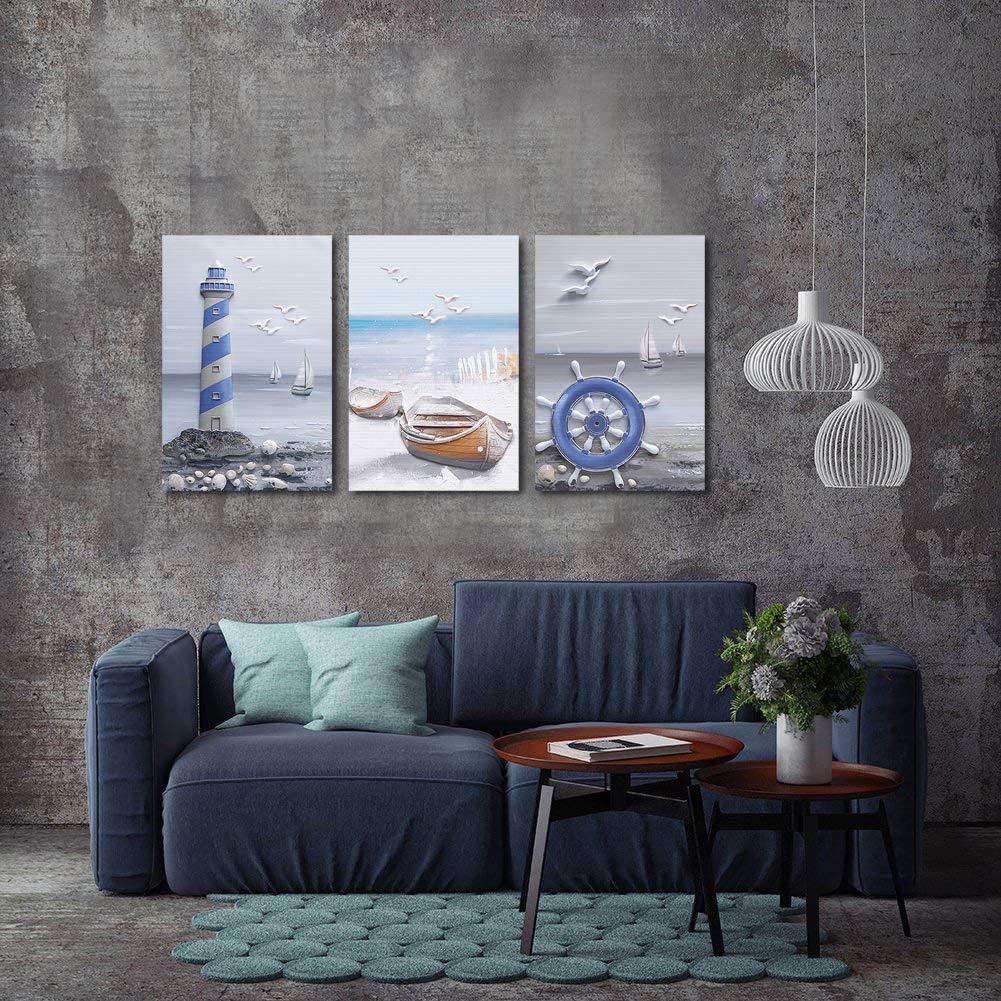 Coastal Beach Lighthouse Sailboat Painting 16x24x3 Panels B61228