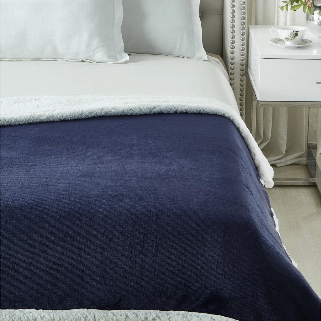 Flannel Reversible Sherpa Throw Blanket 60"x 80" Navy I61450