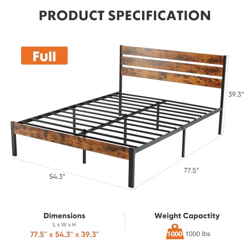 Full Size Bed Frame with Headboard, Metal Support, Under Bed Storage A517