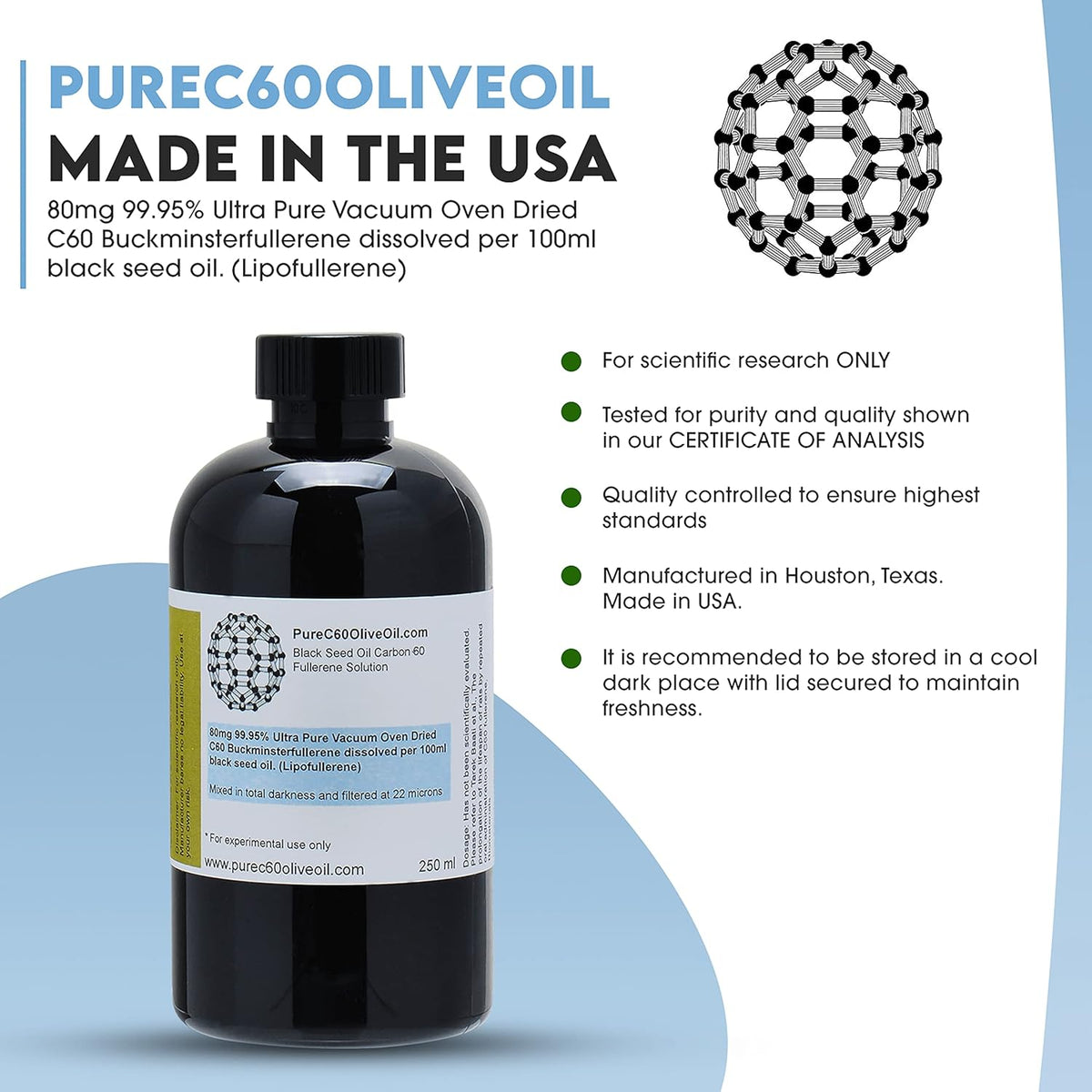 C60 Black Seed Oil 250ml / 8.5 Fl Oz Amber Glass Bottle E169
