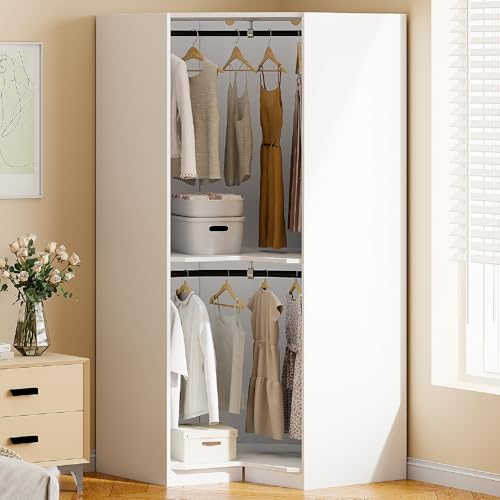Natural Polygon Wooden Corner Wardrobe Closet with 2 Hanging Rails & Shelves T313384