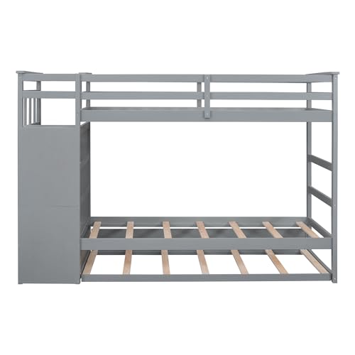 Full Over Full Wooden Bunk Bed with Trundle and Staircase Y192